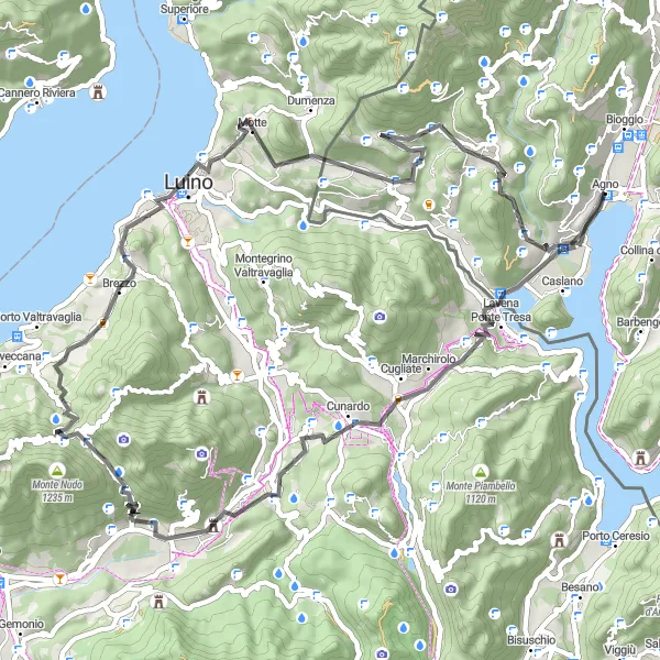 Map miniature of "Monte San Giorgio Gravel Adventure" cycling inspiration in Ticino, Switzerland. Generated by Tarmacs.app cycling route planner