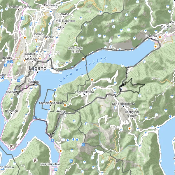 Karttaminiaatyyri "Reitti Luganonjärven ympäri" pyöräilyinspiraatiosta alueella Ticino, Switzerland. Luotu Tarmacs.app pyöräilyreittisuunnittelijalla