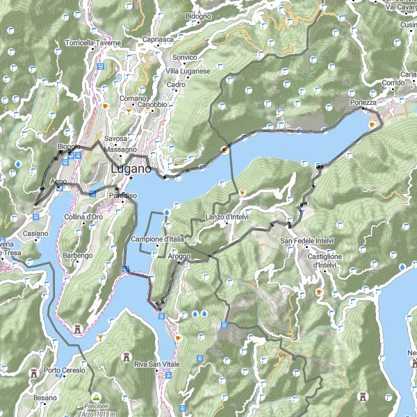 Map miniature of "Lakeside Adventure: Arogno to Bissone" cycling inspiration in Ticino, Switzerland. Generated by Tarmacs.app cycling route planner