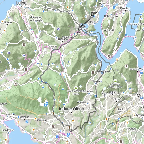 Miniature de la carte de l'inspiration cycliste "Parcours pittoresque à Belmonte" dans la Ticino, Switzerland. Générée par le planificateur d'itinéraire cycliste Tarmacs.app