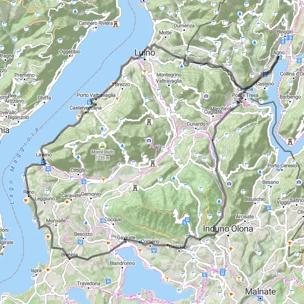 Map miniature of "Mountains and Lakes Loop" cycling inspiration in Ticino, Switzerland. Generated by Tarmacs.app cycling route planner