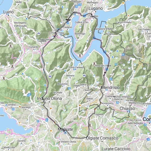 Kartminiatyr av "Landsbyer og Natur på Veien til Monte San Giorgio" sykkelinspirasjon i Ticino, Switzerland. Generert av Tarmacs.app sykkelrutoplanlegger