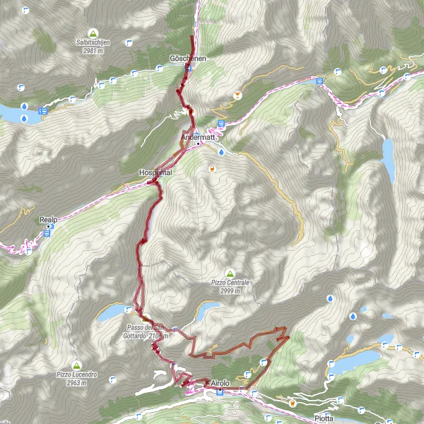Miniatua del mapa de inspiración ciclista "Ruta de Grava Bedrina - Hospental - Andermatt - Passo del San Gottardo - Pizzo Canariscio - Valle" en Ticino, Switzerland. Generado por Tarmacs.app planificador de rutas ciclistas