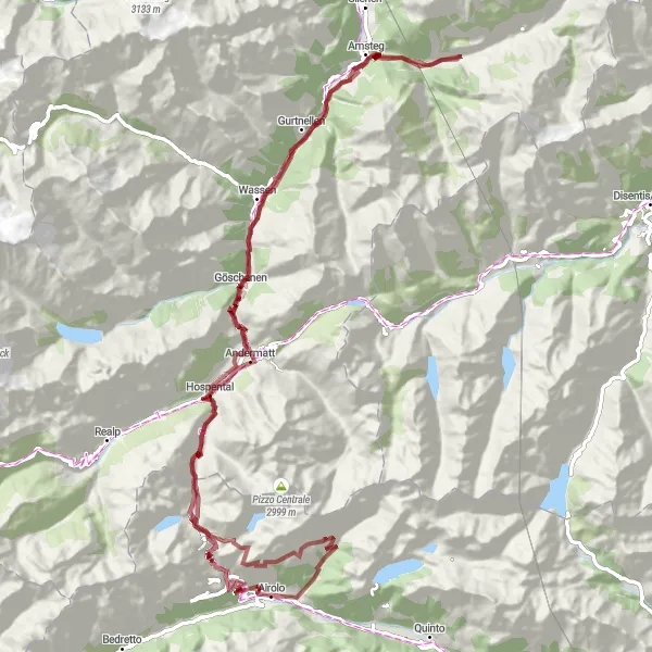 Mapa miniatúra "Gravel trasa cez Pizzo Canariscio a Passo del San Gottardo" cyklistická inšpirácia v Ticino, Switzerland. Vygenerované cyklistickým plánovačom trás Tarmacs.app