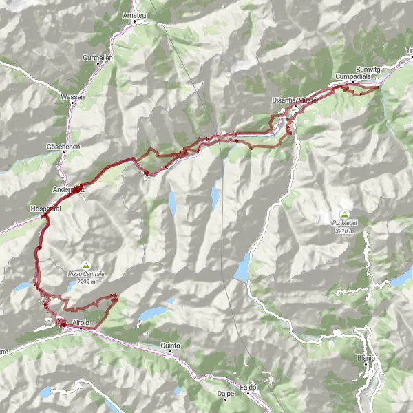 Map miniature of "Airolo Grand Gravel Tour" cycling inspiration in Ticino, Switzerland. Generated by Tarmacs.app cycling route planner