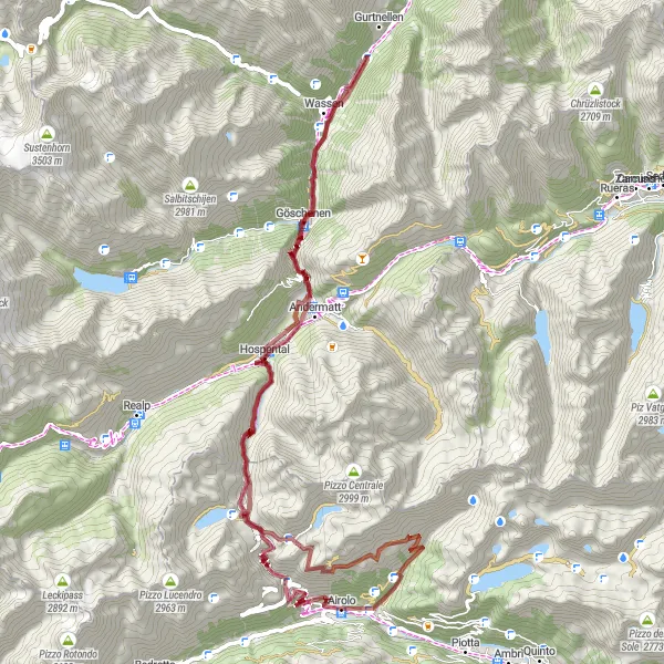 Zemljevid v pomanjšavi "Kolesarska avantura od Airolo do Valle" kolesarske inspiracije v Ticino, Switzerland. Generirano z načrtovalcem kolesarskih poti Tarmacs.app