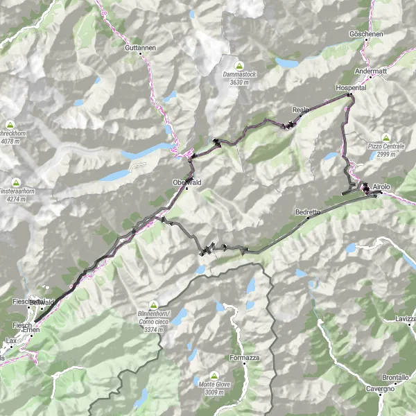 Miniatura della mappa di ispirazione al ciclismo "Giro ciclistico attraverso Nufenenpass" nella regione di Ticino, Switzerland. Generata da Tarmacs.app, pianificatore di rotte ciclistiche