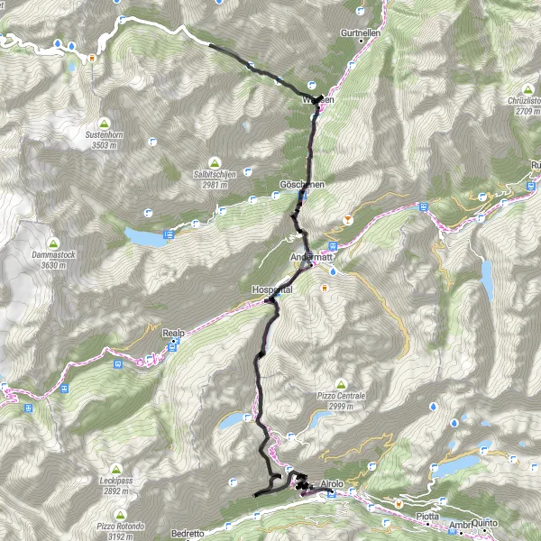Kartminiatyr av "Landeveissykkeltur til Wassen og Hospental" sykkelinspirasjon i Ticino, Switzerland. Generert av Tarmacs.app sykkelrutoplanlegger