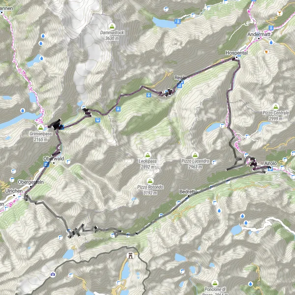 Miniature de la carte de l'inspiration cycliste "Boucle du Col du Nufenen et Furkapass" dans la Ticino, Switzerland. Générée par le planificateur d'itinéraire cycliste Tarmacs.app