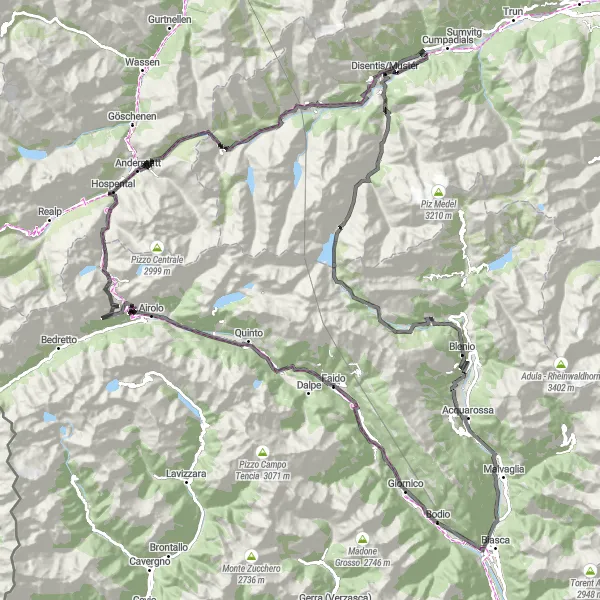 Karttaminiaatyyri "Airolo - Road Cycling Exploration" pyöräilyinspiraatiosta alueella Ticino, Switzerland. Luotu Tarmacs.app pyöräilyreittisuunnittelijalla