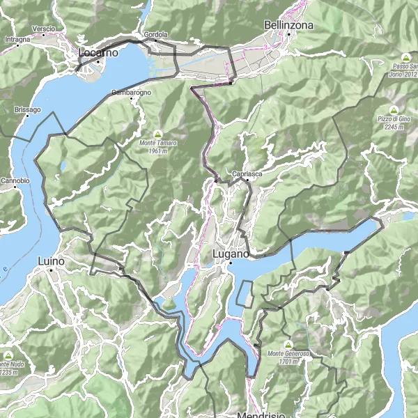 Zemljevid v pomanjšavi "Pot vzdolž slikovitega jezera Lugano" kolesarske inspiracije v Ticino, Switzerland. Generirano z načrtovalcem kolesarskih poti Tarmacs.app