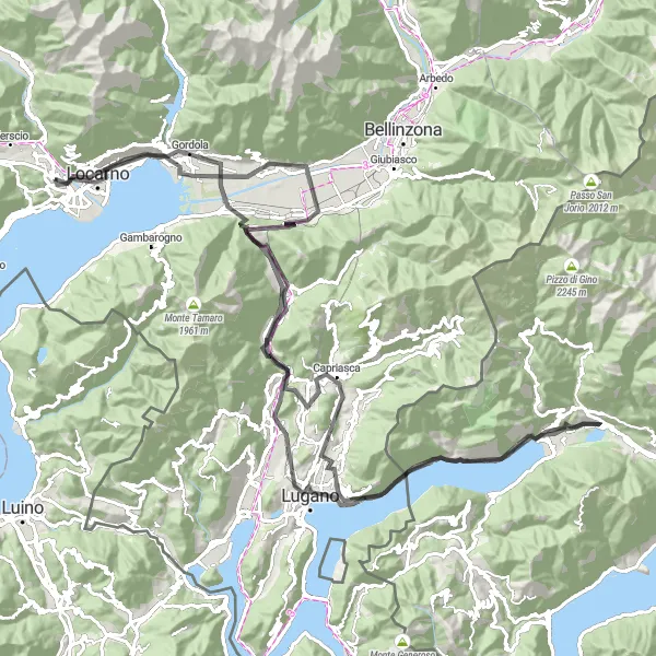 Zemljevid v pomanjšavi "Odkrivanje slikovitih krajev okoli Lugana" kolesarske inspiracije v Ticino, Switzerland. Generirano z načrtovalcem kolesarskih poti Tarmacs.app