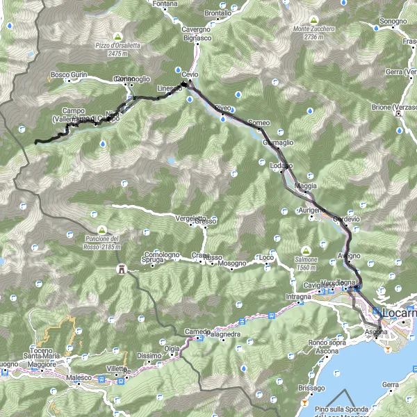 Miniatura della mappa di ispirazione al ciclismo "Giro in bicicletta da Ascona a Campo (Vallemaggia)" nella regione di Ticino, Switzerland. Generata da Tarmacs.app, pianificatore di rotte ciclistiche