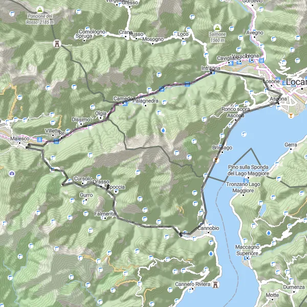 Zemljevid v pomanjšavi "66 km cestna kolesarska pot okoli Ascone" kolesarske inspiracije v Ticino, Switzerland. Generirano z načrtovalcem kolesarskih poti Tarmacs.app