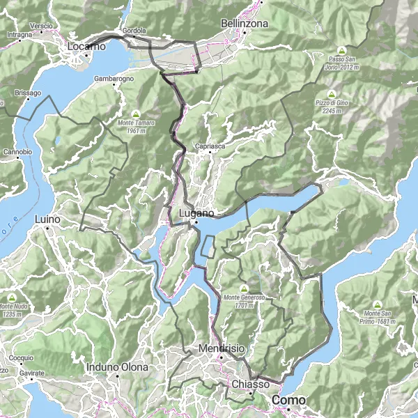 Miniature de la carte de l'inspiration cycliste "Monte Bre et Monte Gireglio" dans la Ticino, Switzerland. Générée par le planificateur d'itinéraire cycliste Tarmacs.app