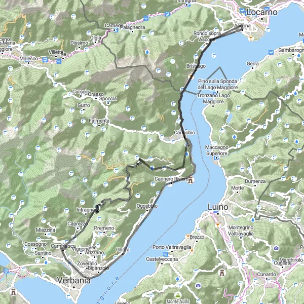 Miniature de la carte de l'inspiration cycliste "Cannobio et Monte Spalavera" dans la Ticino, Switzerland. Générée par le planificateur d'itinéraire cycliste Tarmacs.app