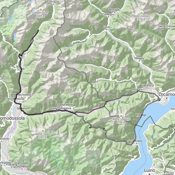 Miniatura della mappa di ispirazione al ciclismo "Giro in bicicletta da Ascona a Baceno e ritorno" nella regione di Ticino, Switzerland. Generata da Tarmacs.app, pianificatore di rotte ciclistiche