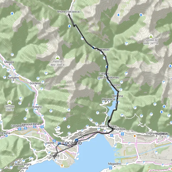 Map miniature of "Verzasca Valley Adventure" cycling inspiration in Ticino, Switzerland. Generated by Tarmacs.app cycling route planner
