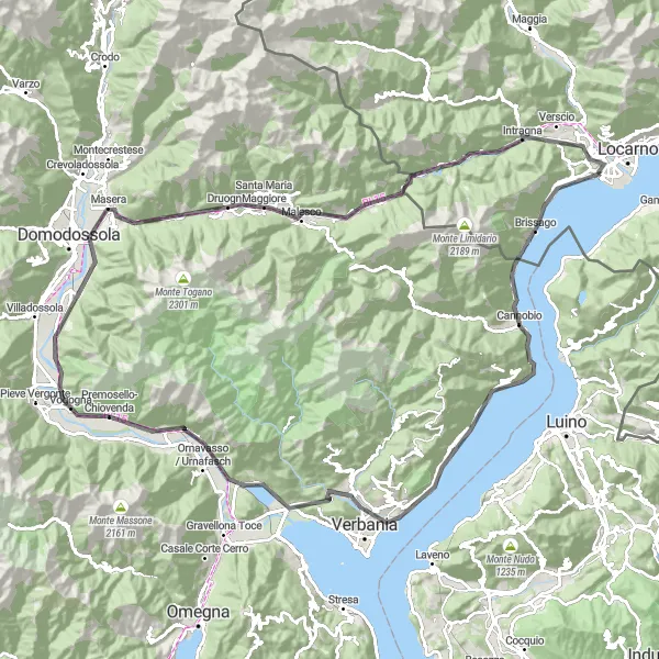 Miniatura della mappa di ispirazione al ciclismo "Circuito panoramico di 121km da Ascona a Cannobio" nella regione di Ticino, Switzerland. Generata da Tarmacs.app, pianificatore di rotte ciclistiche