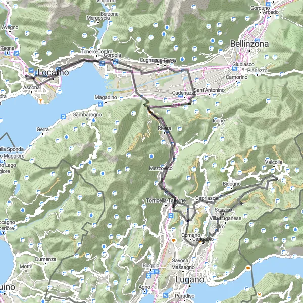 Miniatua del mapa de inspiración ciclista "Ruta panorámica por Locarno y Monte Roveraccio" en Ticino, Switzerland. Generado por Tarmacs.app planificador de rutas ciclistas
