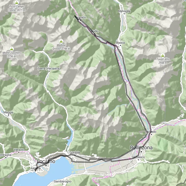Miniature de la carte de l'inspiration cycliste "De Cugnasco-Gerra à Locarno via Bellinzona et Mont Verità" dans la Ticino, Switzerland. Générée par le planificateur d'itinéraire cycliste Tarmacs.app
