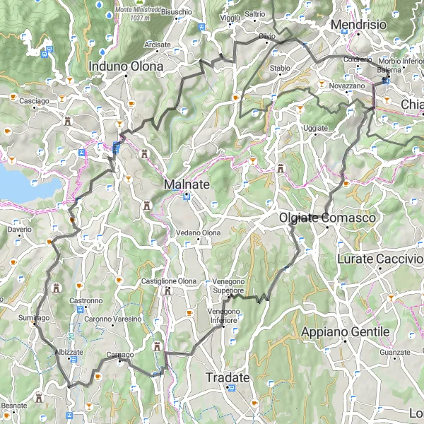 Zemljevid v pomanjšavi "Razburljiva kolesarska tura po območju Ticina" kolesarske inspiracije v Ticino, Switzerland. Generirano z načrtovalcem kolesarskih poti Tarmacs.app