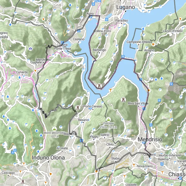 Kartminiatyr av "Ticino Rundtur - Monte San Giorgio" sykkelinspirasjon i Ticino, Switzerland. Generert av Tarmacs.app sykkelrutoplanlegger