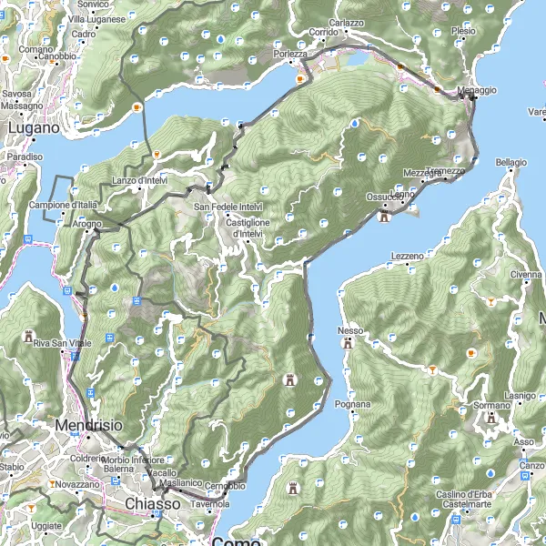 Zemljevid v pomanjšavi "Izjemna cestna kolesarska pot okoli Ticina" kolesarske inspiracije v Ticino, Switzerland. Generirano z načrtovalcem kolesarskih poti Tarmacs.app