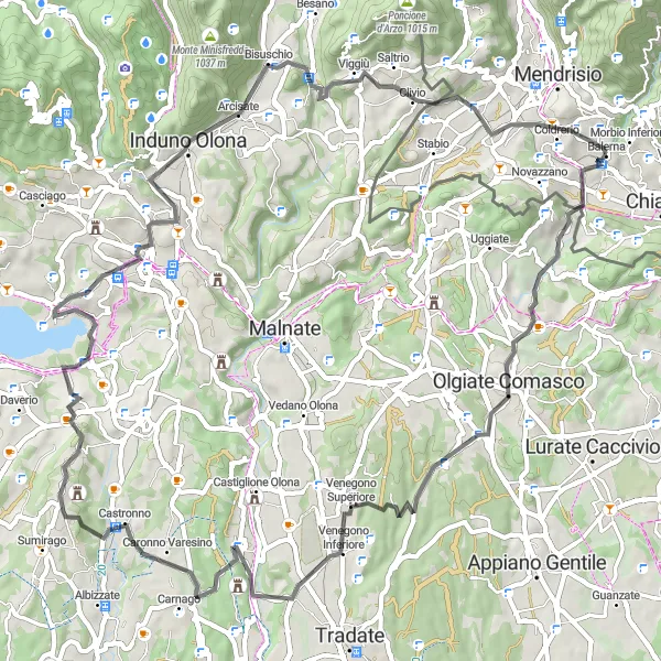 Miniature de la carte de l'inspiration cycliste "Le Tour des Collines et Panoramas" dans la Ticino, Switzerland. Générée par le planificateur d'itinéraire cycliste Tarmacs.app