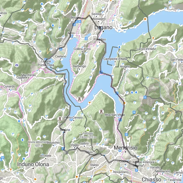 Kartminiatyr av "Cykla till Genestrerio och Monte San Salvatore" cykelinspiration i Ticino, Switzerland. Genererad av Tarmacs.app cykelruttplanerare