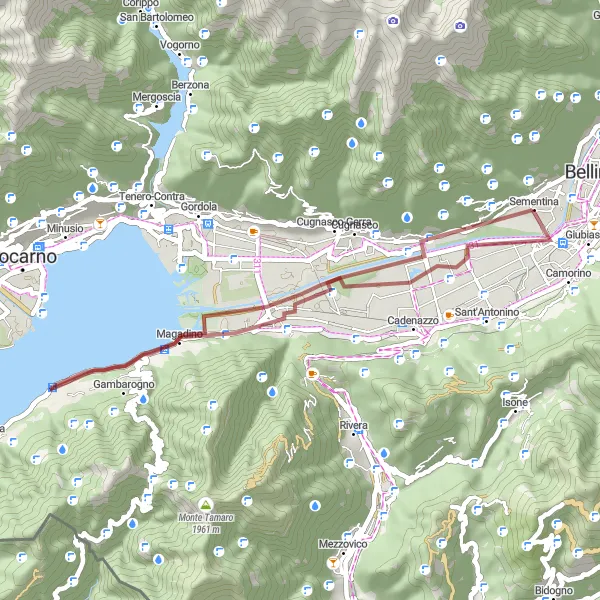 Miniatura della mappa di ispirazione al ciclismo "Vira (Gambarogno) - Quartino - Sementina" nella regione di Ticino, Switzerland. Generata da Tarmacs.app, pianificatore di rotte ciclistiche