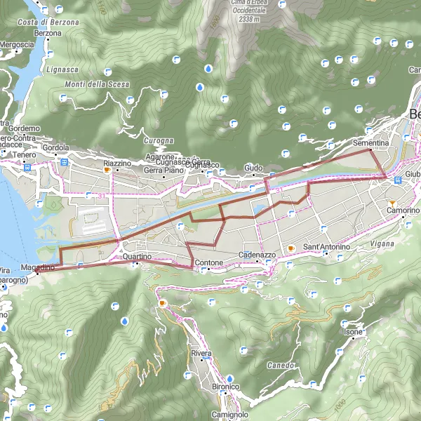 Miniature de la carte de l'inspiration cycliste "Randonnée en gravel autour de Bellinzona" dans la Ticino, Switzerland. Générée par le planificateur d'itinéraire cycliste Tarmacs.app