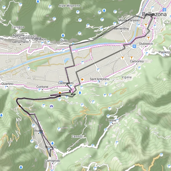 Miniatura della mappa di ispirazione al ciclismo "Cadenazzo - Bironico - Monte Ceneri - Bellinzona" nella regione di Ticino, Switzerland. Generata da Tarmacs.app, pianificatore di rotte ciclistiche