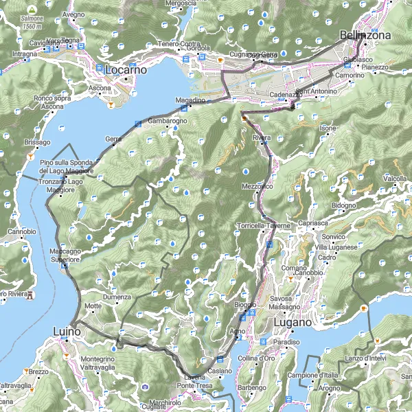 Zemljevid v pomanjšavi "Krožna pot Monte Ceneri - Monte San Giorgio" kolesarske inspiracije v Ticino, Switzerland. Generirano z načrtovalcem kolesarskih poti Tarmacs.app