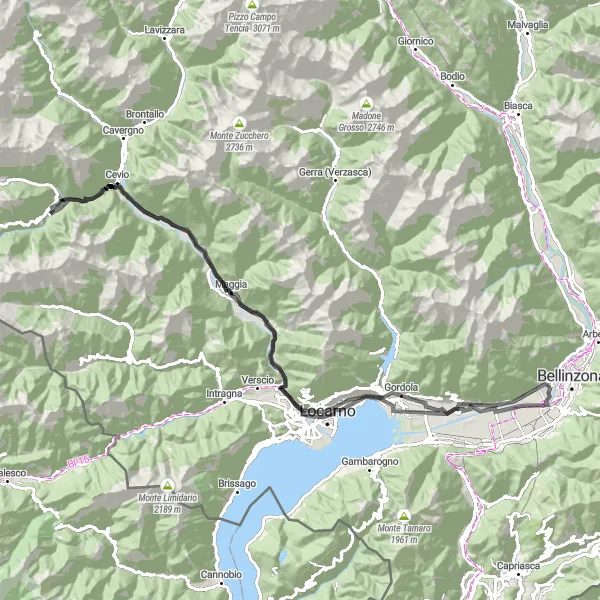 Kartminiatyr av "Fra Bellinzona til Maggia og tilbake" sykkelinspirasjon i Ticino, Switzerland. Generert av Tarmacs.app sykkelrutoplanlegger
