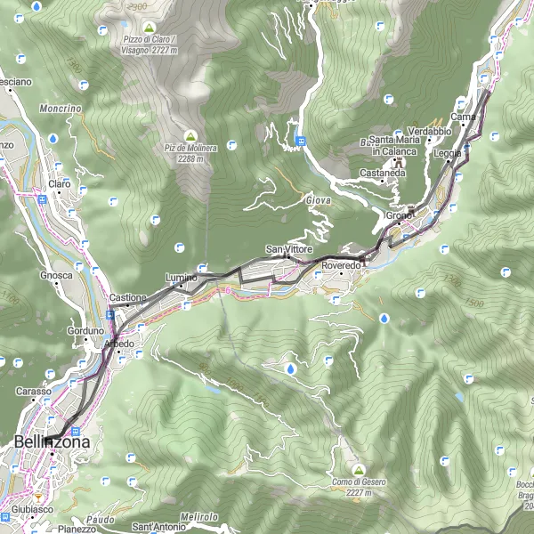 Zemljevid v pomanjšavi "Potep po slikovitih poteh okoli Bellinzona" kolesarske inspiracije v Ticino, Switzerland. Generirano z načrtovalcem kolesarskih poti Tarmacs.app