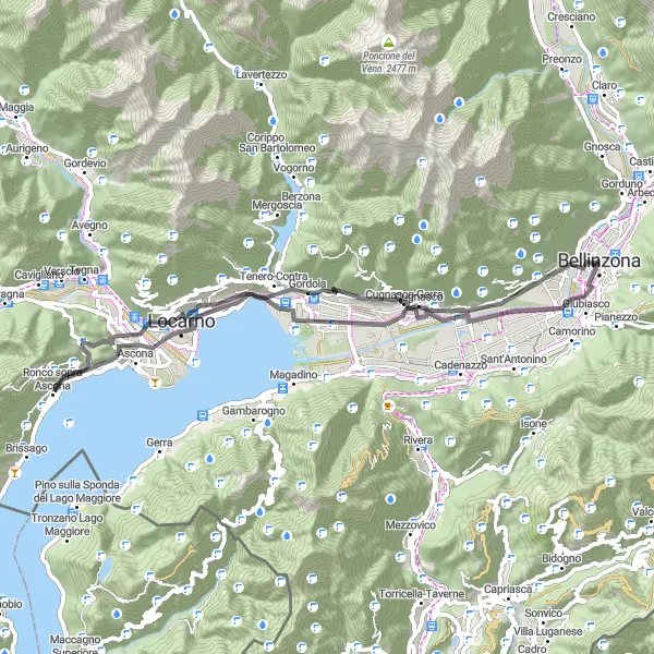 Mapa miniatúra "Okolo Cugnasca a Monte Verità" cyklistická inšpirácia v Ticino, Switzerland. Vygenerované cyklistickým plánovačom trás Tarmacs.app