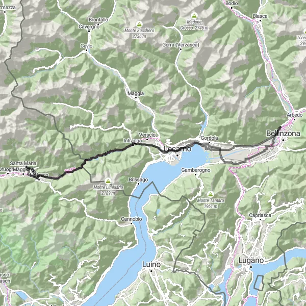 Miniatura della mappa di ispirazione al ciclismo "Giro Panoramico tra Cugnasco e Golino" nella regione di Ticino, Switzerland. Generata da Tarmacs.app, pianificatore di rotte ciclistiche