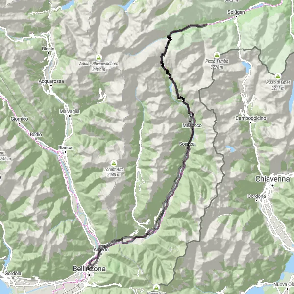Miniature de la carte de l'inspiration cycliste "Tour des Châteaux de Bellinzone" dans la Ticino, Switzerland. Générée par le planificateur d'itinéraire cycliste Tarmacs.app
