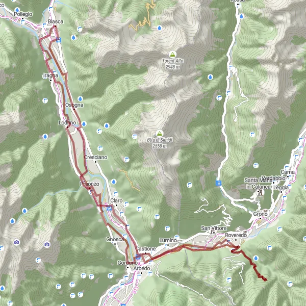 Miniatura della mappa di ispirazione al ciclismo "Gravel Tour del Bellinzonese" nella regione di Ticino, Switzerland. Generata da Tarmacs.app, pianificatore di rotte ciclistiche