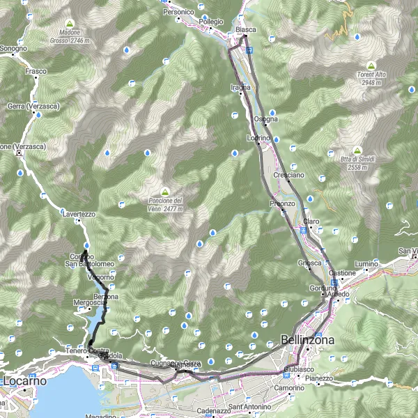 Miniatura della mappa di ispirazione al ciclismo "Tour delle Verzasca" nella regione di Ticino, Switzerland. Generata da Tarmacs.app, pianificatore di rotte ciclistiche