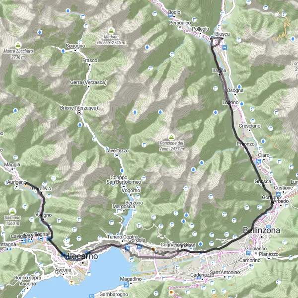 Map miniature of "The Biasca to Locarno Loop" cycling inspiration in Ticino, Switzerland. Generated by Tarmacs.app cycling route planner