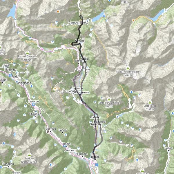 Kartminiatyr av "Eventyrlysten Road Route fra Biasca" sykkelinspirasjon i Ticino, Switzerland. Generert av Tarmacs.app sykkelrutoplanlegger