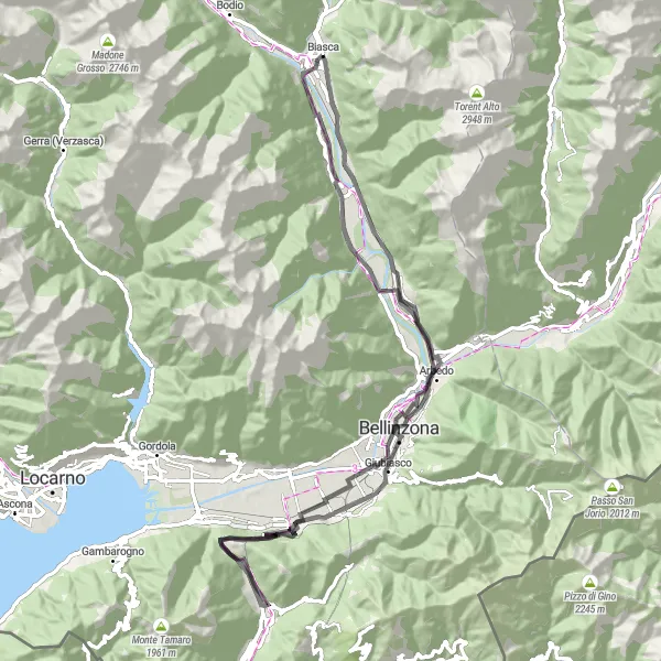 Miniatura della mappa di ispirazione al ciclismo "Tra Borghi e Montagne" nella regione di Ticino, Switzerland. Generata da Tarmacs.app, pianificatore di rotte ciclistiche