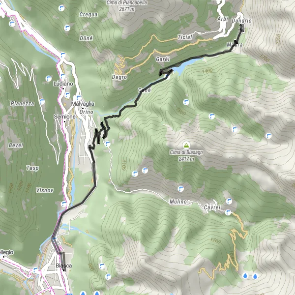 Kartminiatyr av "Utflykt till Malvaglia och Dandrio" cykelinspiration i Ticino, Switzerland. Genererad av Tarmacs.app cykelruttplanerare