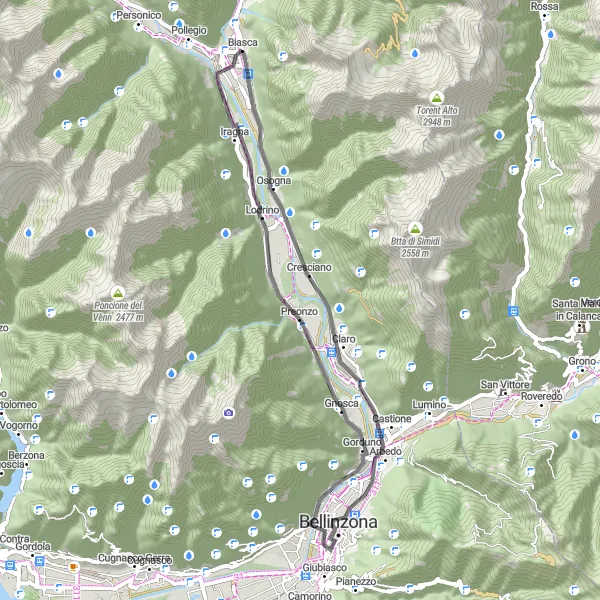 Miniatura della mappa di ispirazione al ciclismo "Giro in bicicletta da Biasca attraverso Bellinzona" nella regione di Ticino, Switzerland. Generata da Tarmacs.app, pianificatore di rotte ciclistiche