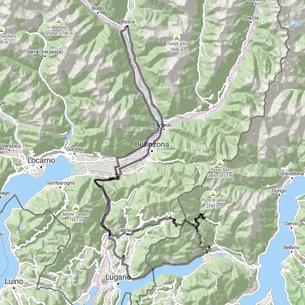 Miniatura della mappa di ispirazione al ciclismo "Road Tour delle Valli Ticinesi" nella regione di Ticino, Switzerland. Generata da Tarmacs.app, pianificatore di rotte ciclistiche