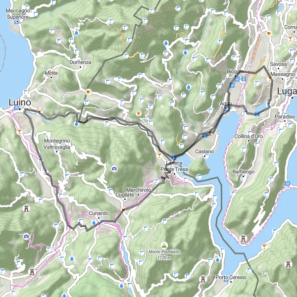 Mapa miniatúra "Cyklotúra okolo Bioggio cez Monte San Giorgio" cyklistická inšpirácia v Ticino, Switzerland. Vygenerované cyklistickým plánovačom trás Tarmacs.app