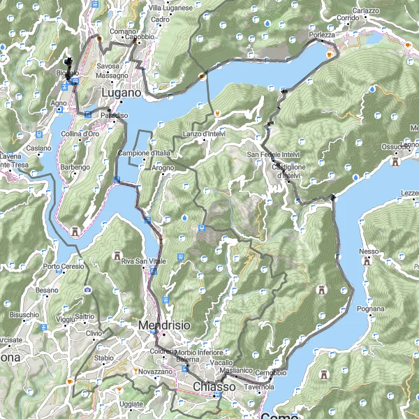 Miniatura della mappa di ispirazione al ciclismo "Grande Tour dei Monti Luganesi" nella regione di Ticino, Switzerland. Generata da Tarmacs.app, pianificatore di rotte ciclistiche