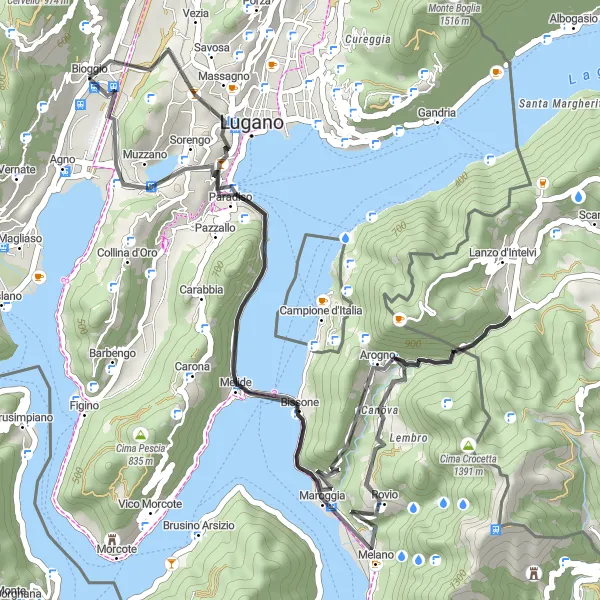 Mapa miniatúra "Krátka cyklotrasa okolo jazera Lugano" cyklistická inšpirácia v Ticino, Switzerland. Vygenerované cyklistickým plánovačom trás Tarmacs.app